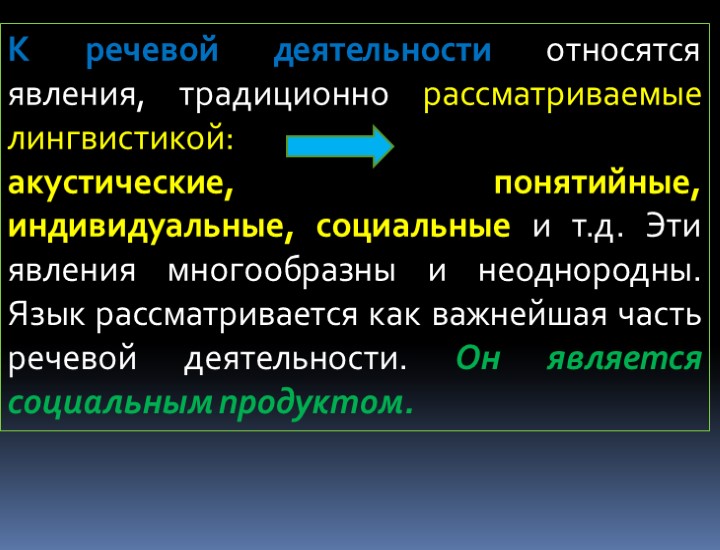 К речевой деятельности относятся явления, традиционно рассматриваемые лингвистикой: акустические, понятийные, индивидуальные, социальные и т.д.